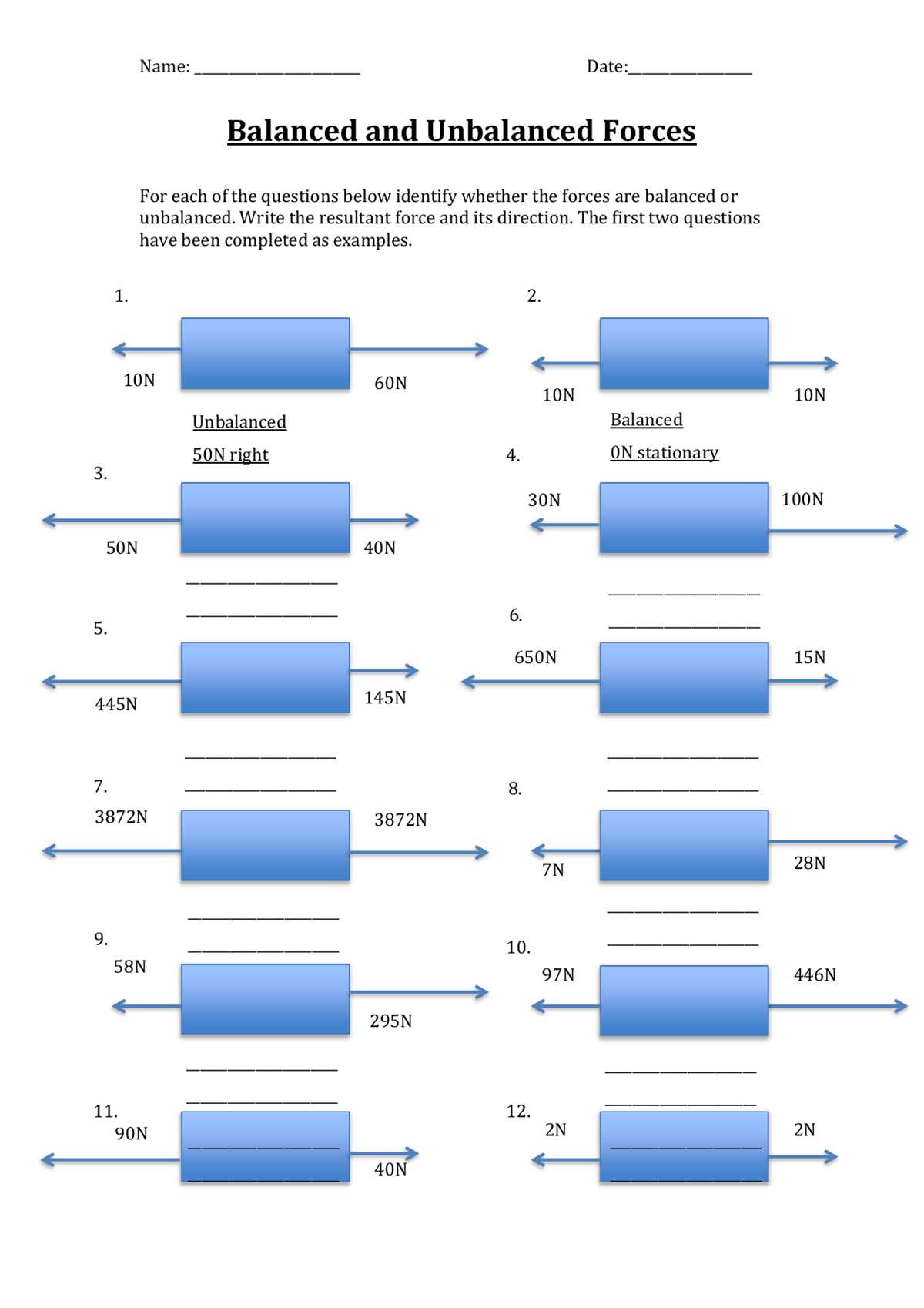 balanced and unbalanced forces worksheets balanced and unbalanced forces worksheets