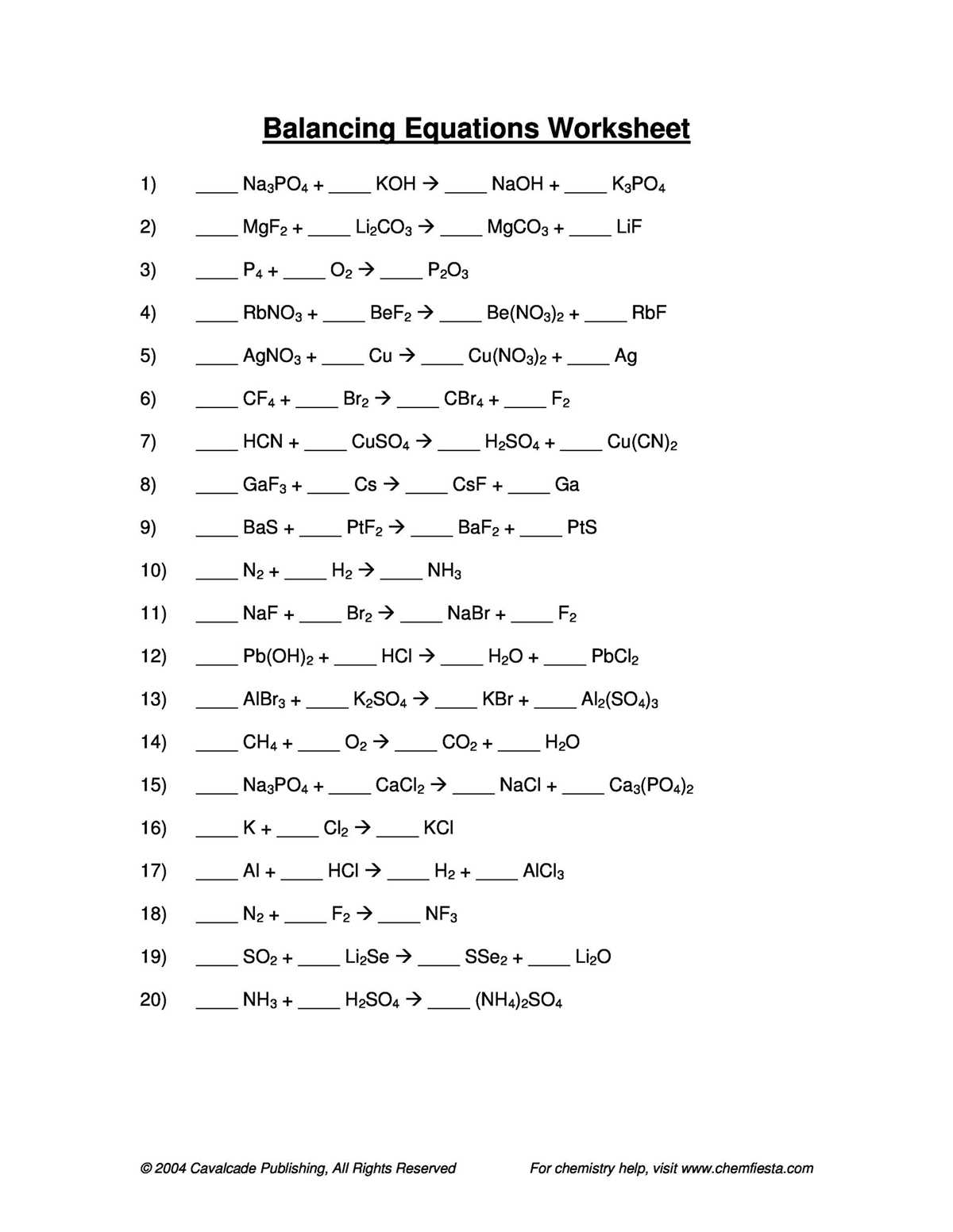 balancing chemical equations synthesis worksheet