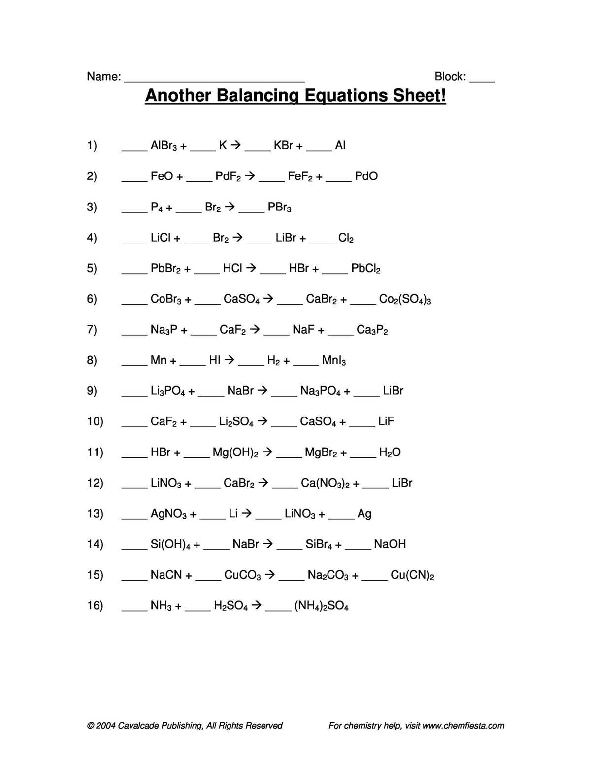 balancing easy chemical equations worksheet