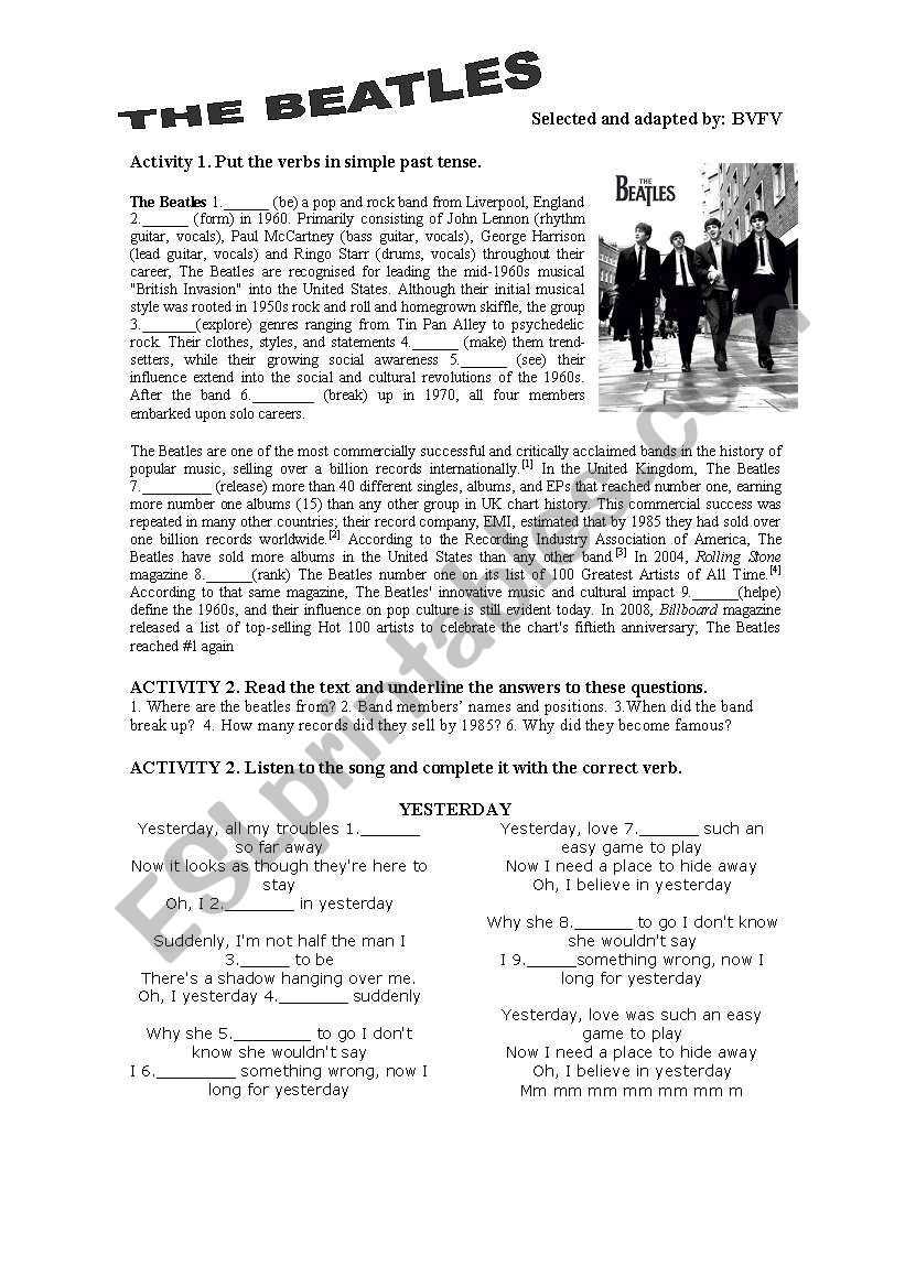 beatles reading comprehension worksheet