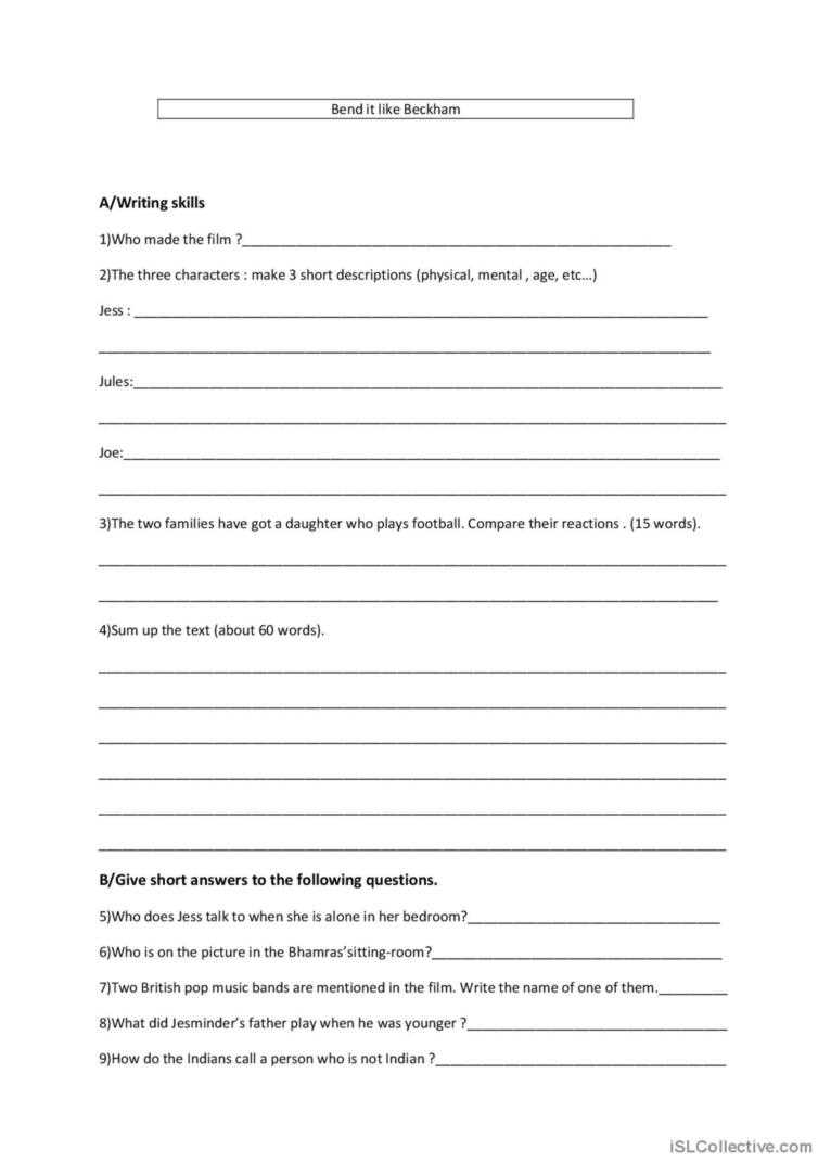 bend it like beckham worksheet