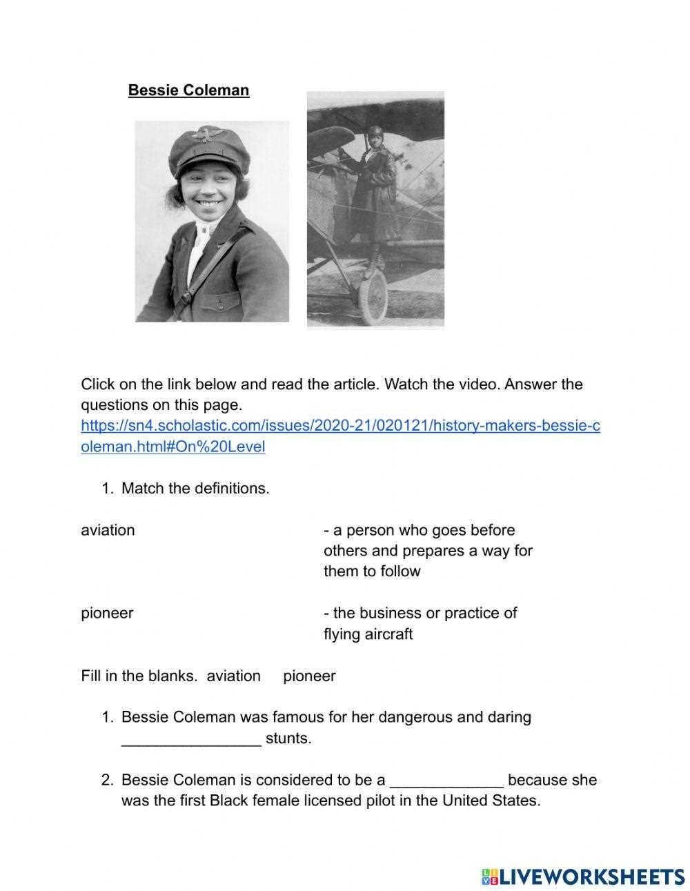 bessie coleman free worksheets