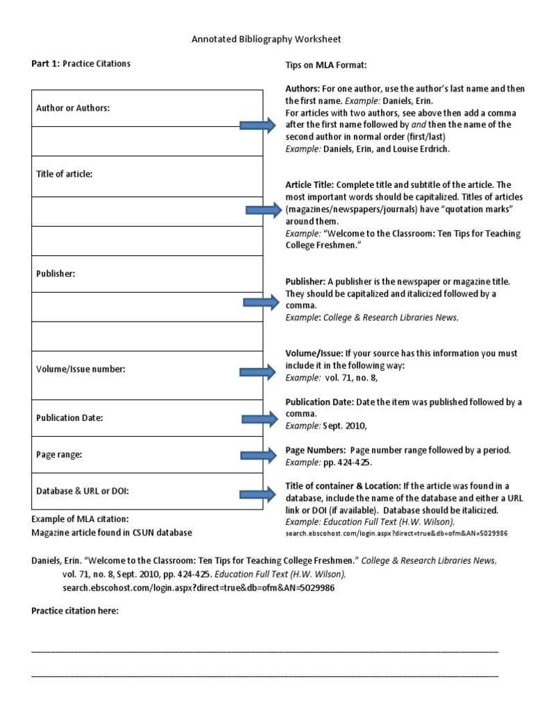 bibliography format worksheet