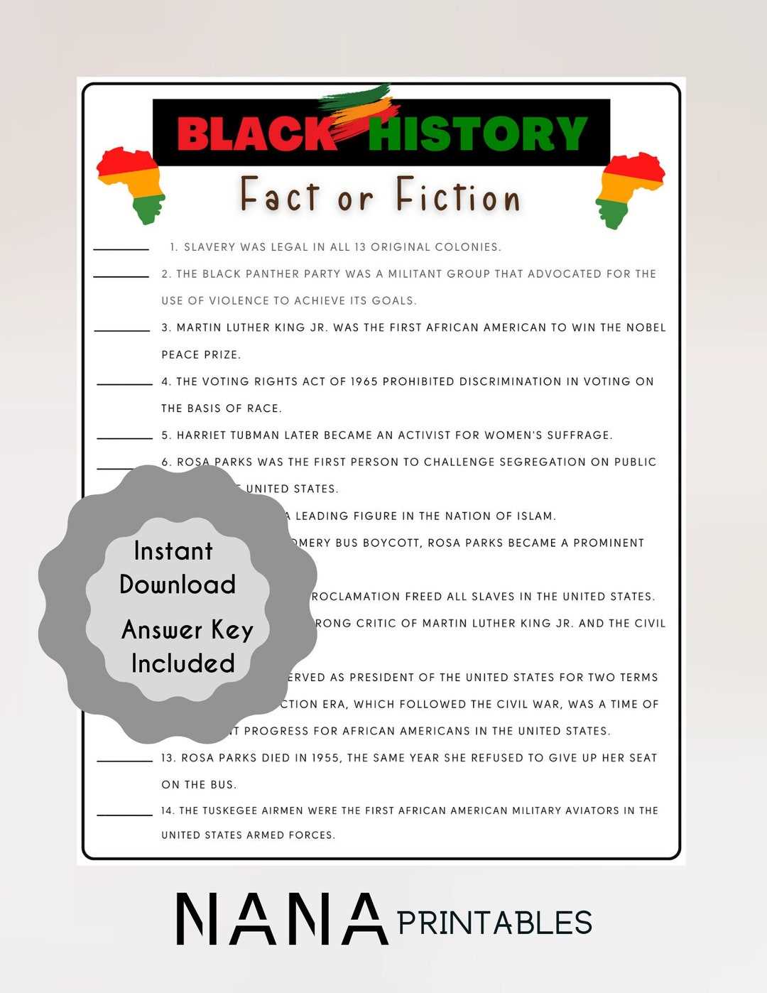black history month did you know worksheet