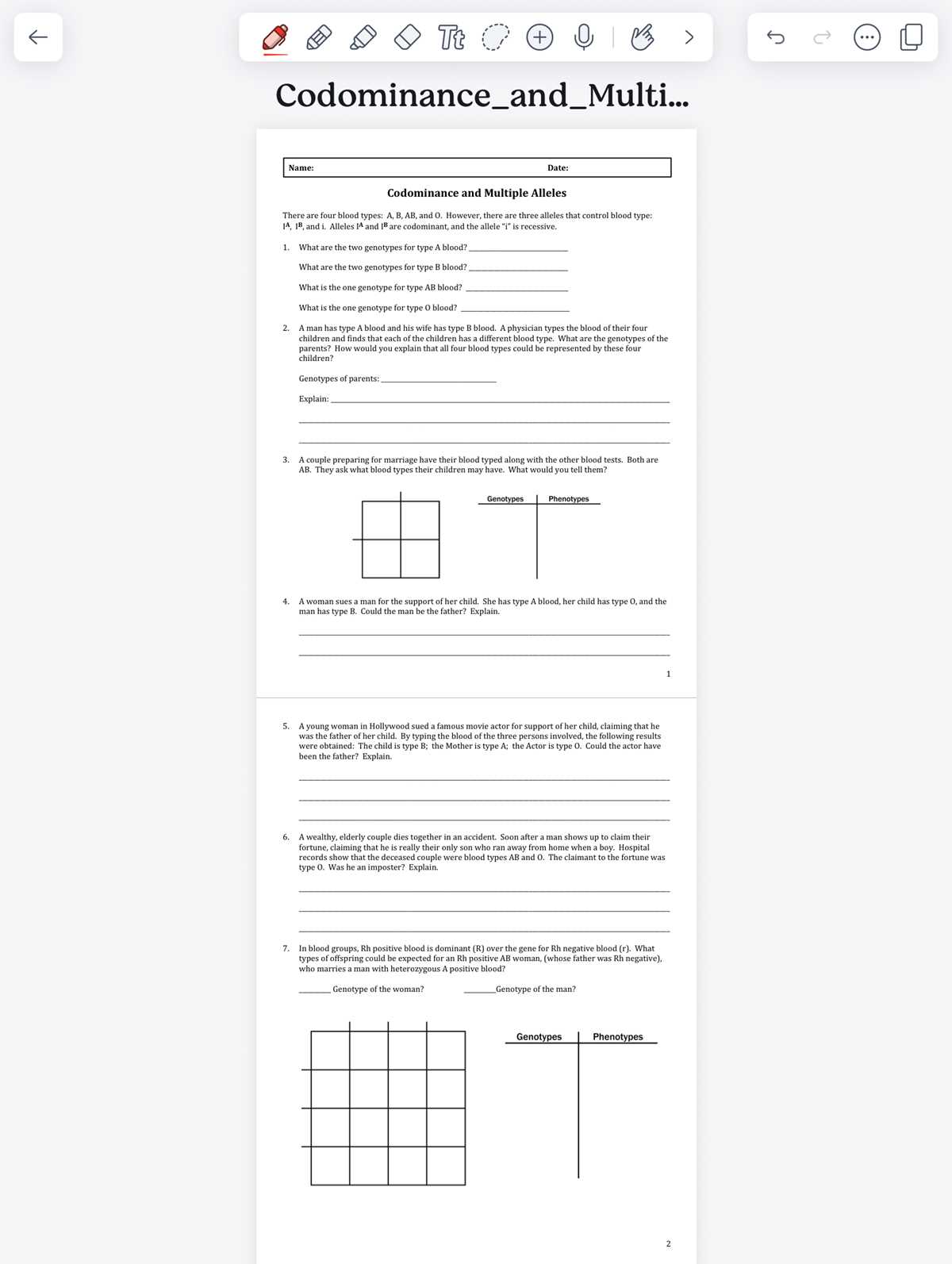 blood types multiple alleles and codominance worksheet