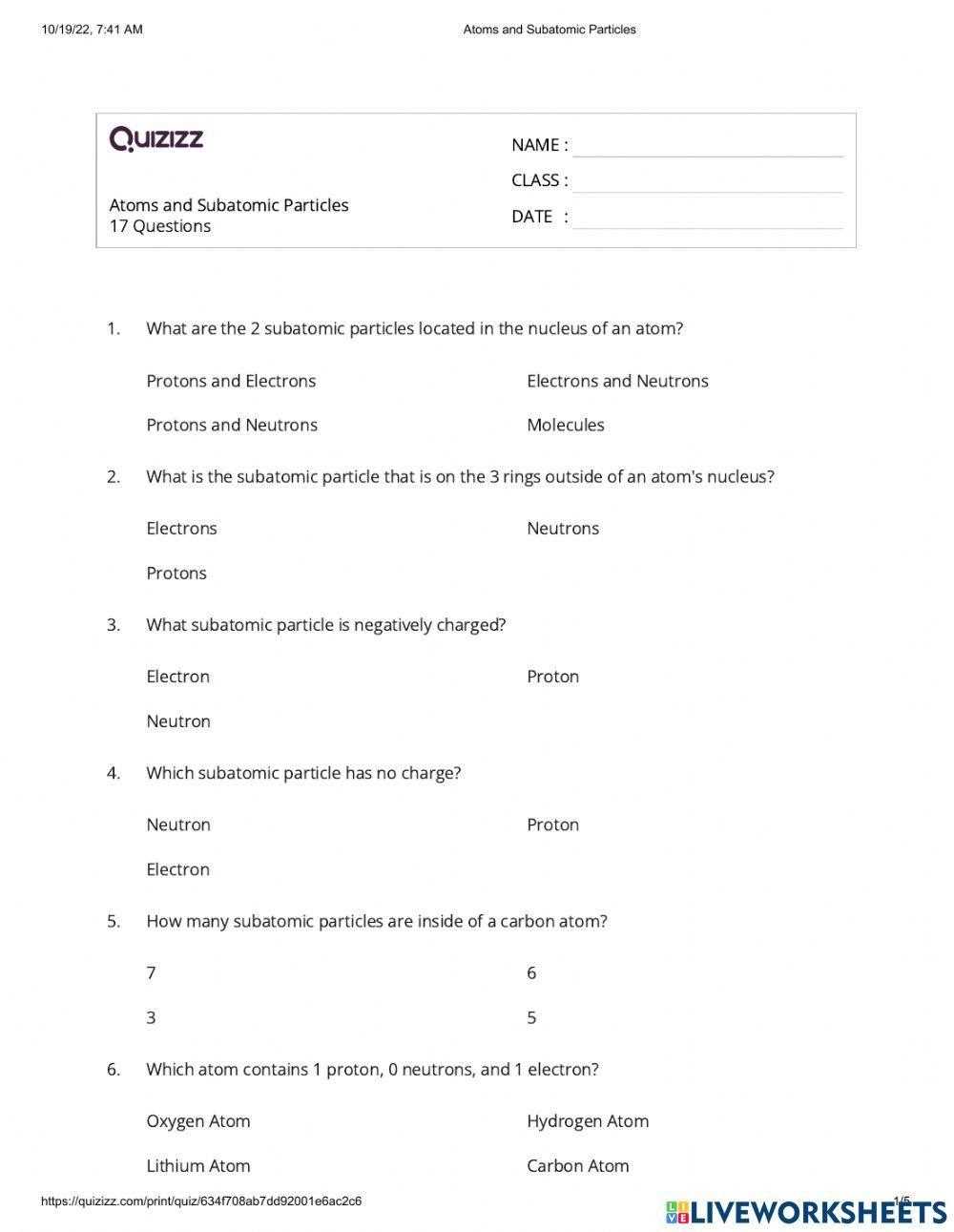 calculating the number of subatomic particles in an atom worksheet