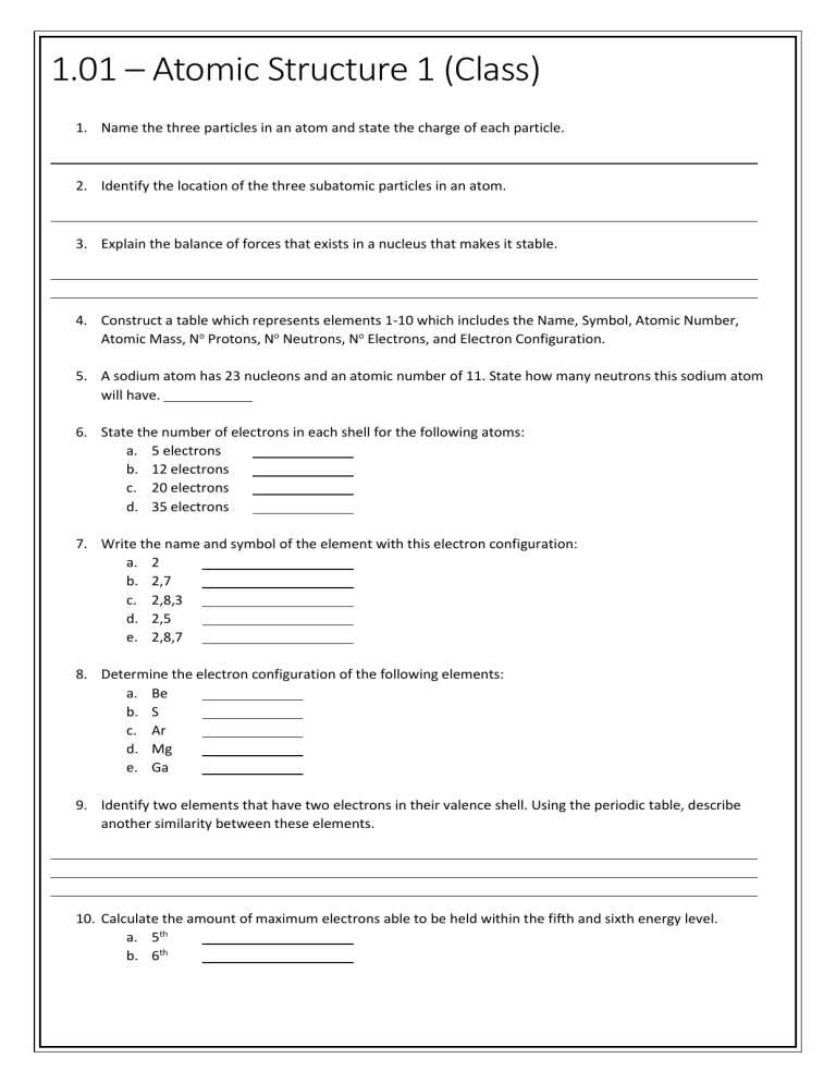 calculating the number of subatomic particles in an atom worksheet