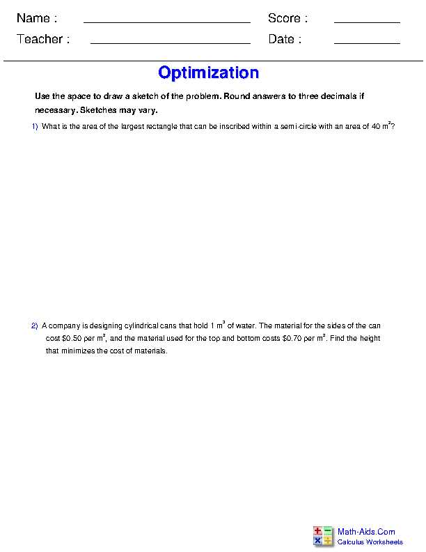 calculus optimization word problems worksheet