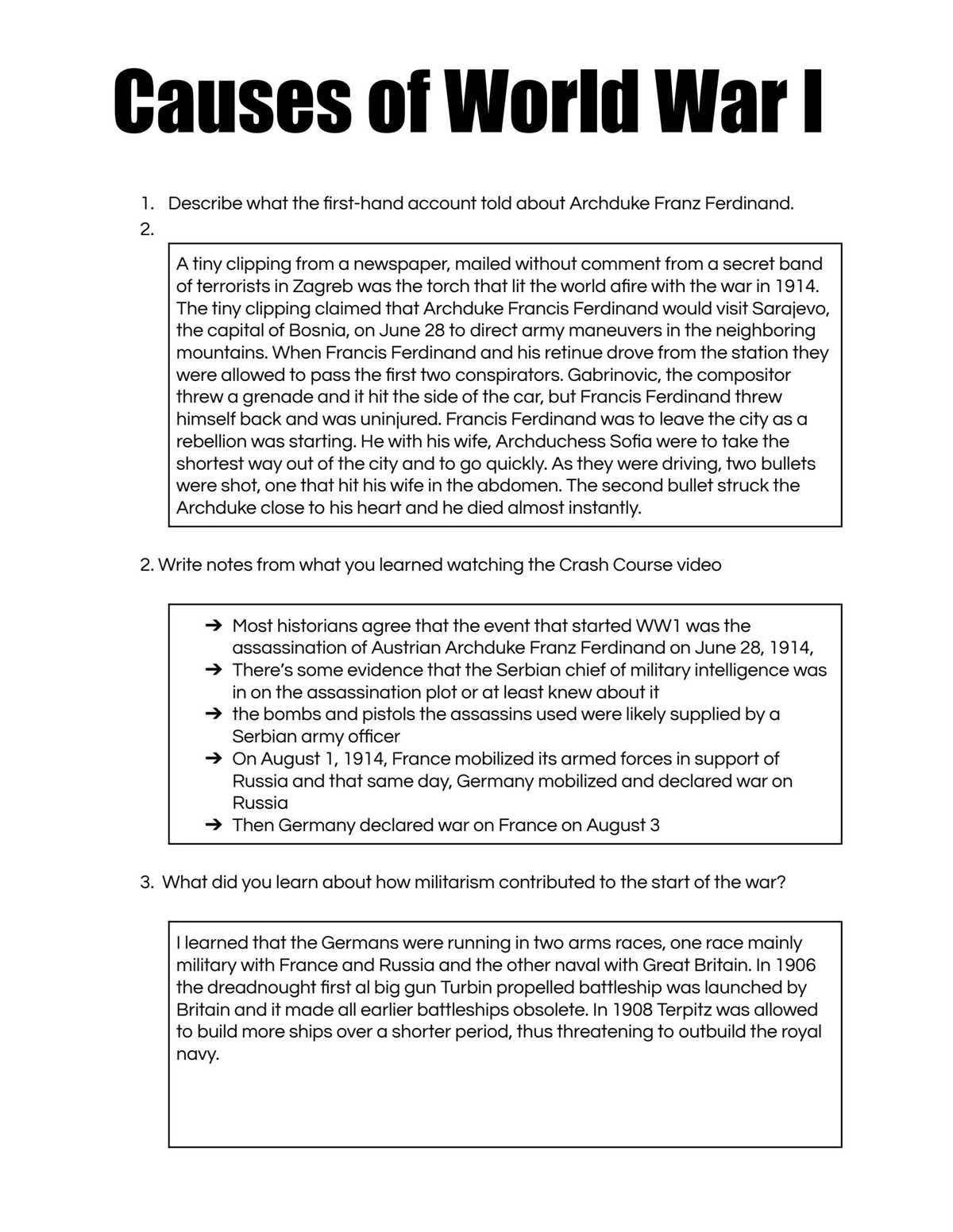 causes of world war one worksheet