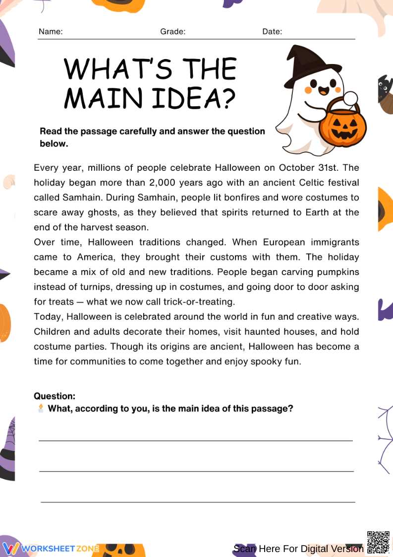 central idea worksheet 7th grade