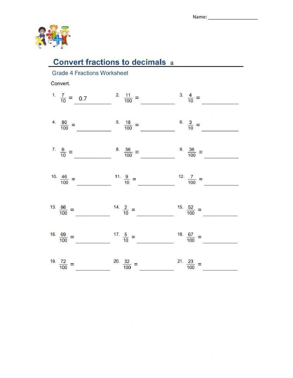 change decimal into fraction worksheet