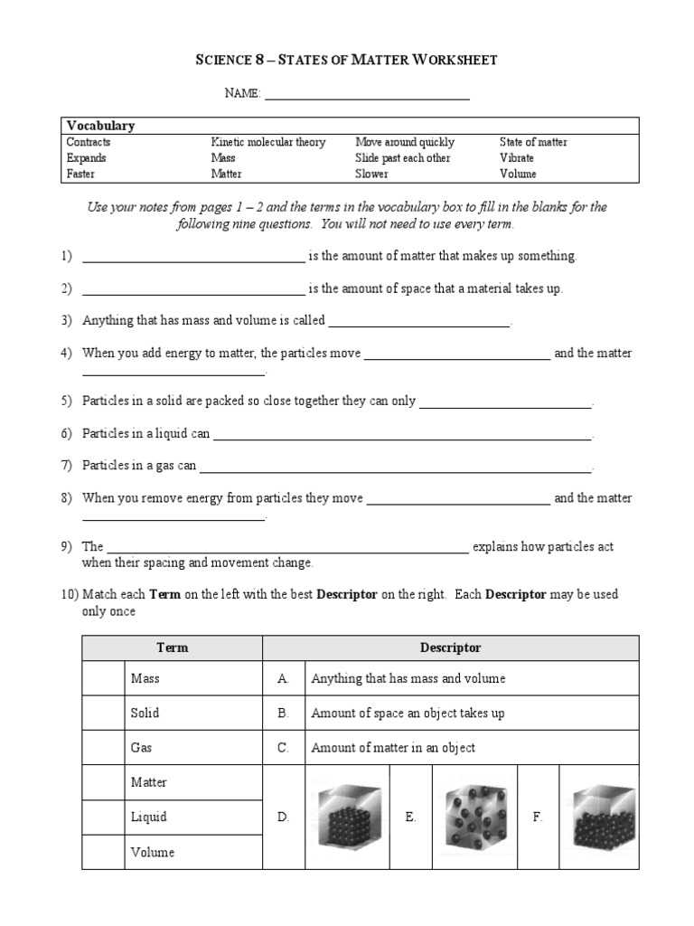 change of state of matter worksheet