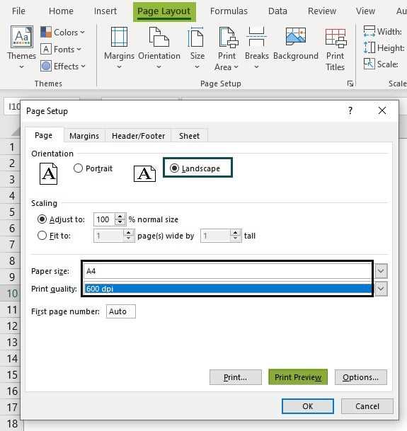 change the orientation of the current worksheet to landscape