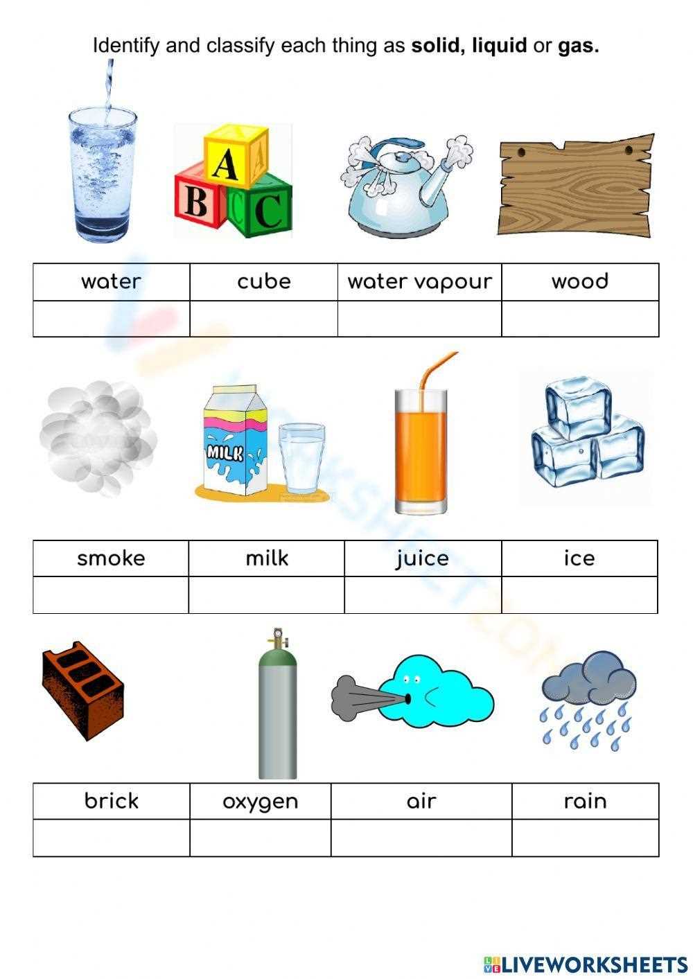 characteristics of solid liquid and gas worksheet
