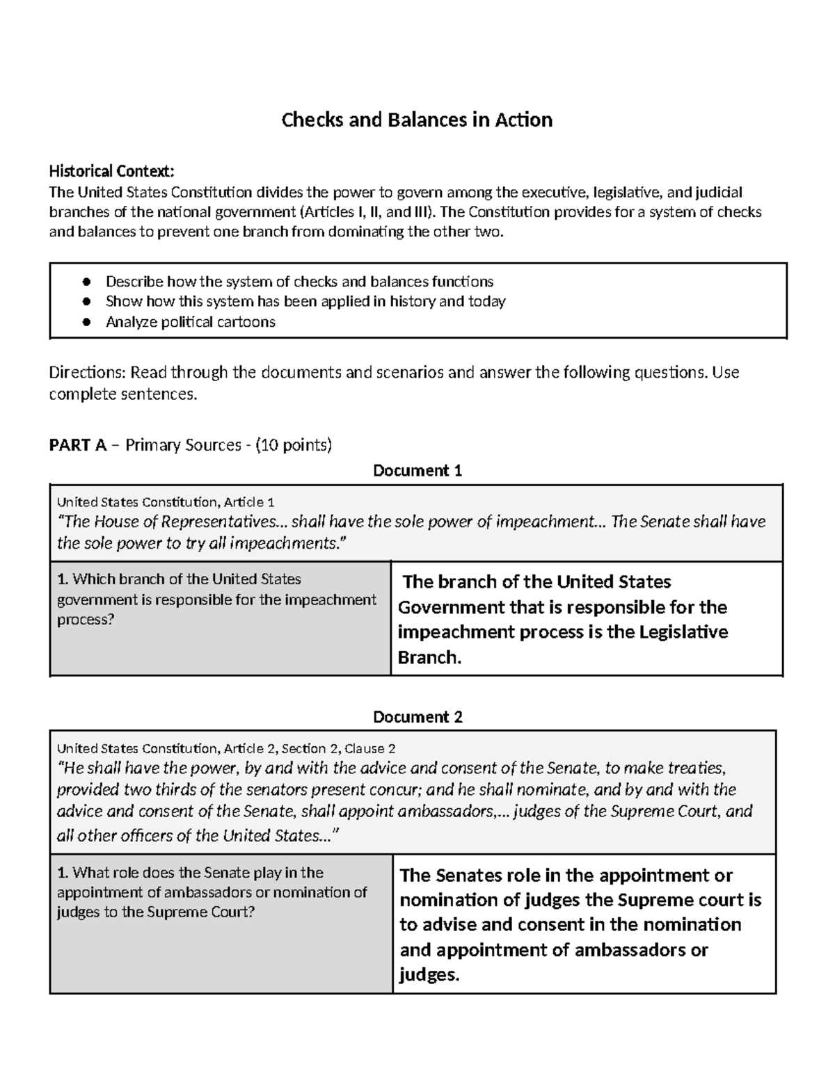 checks and balances in action worksheet