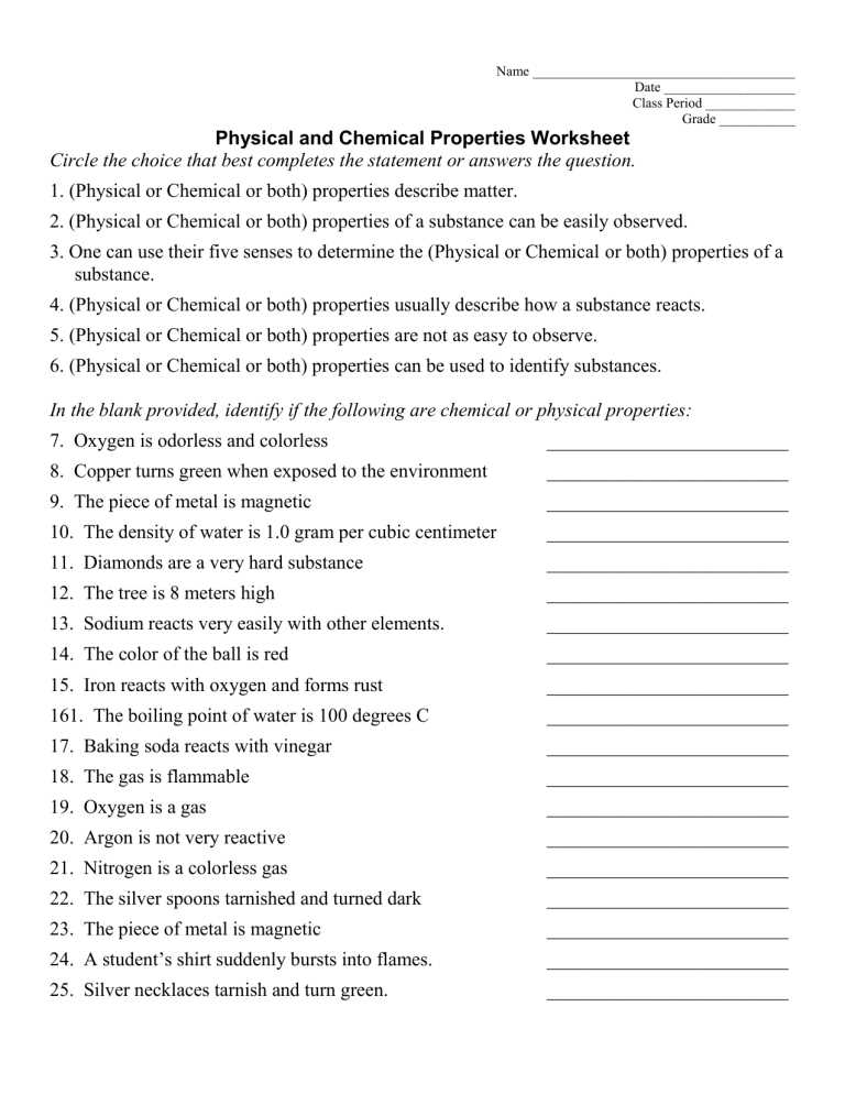 chemical or physical property worksheet