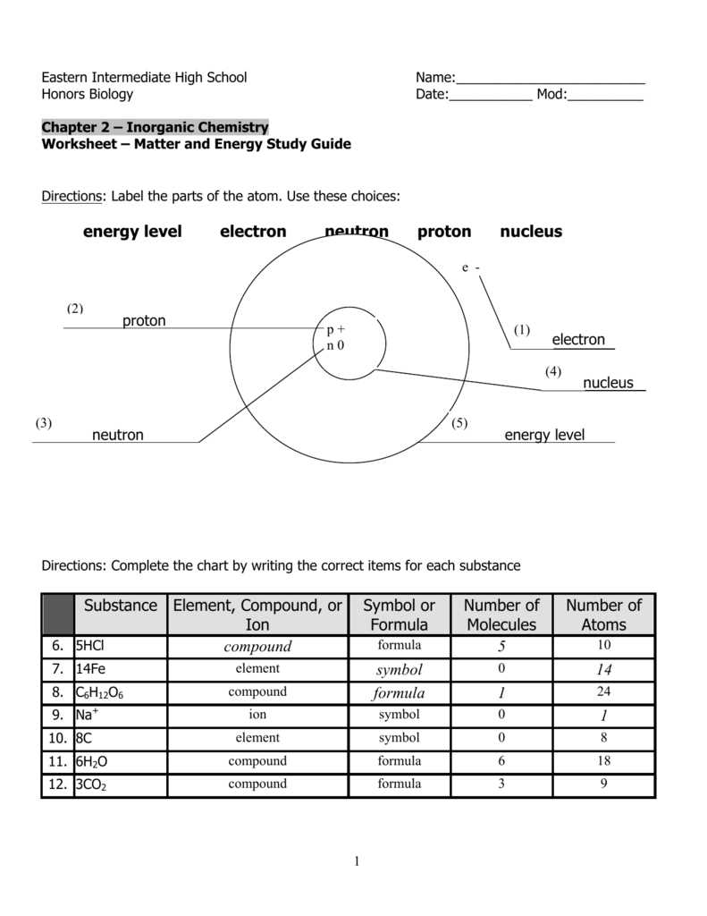 chemistry worksheet matter 2