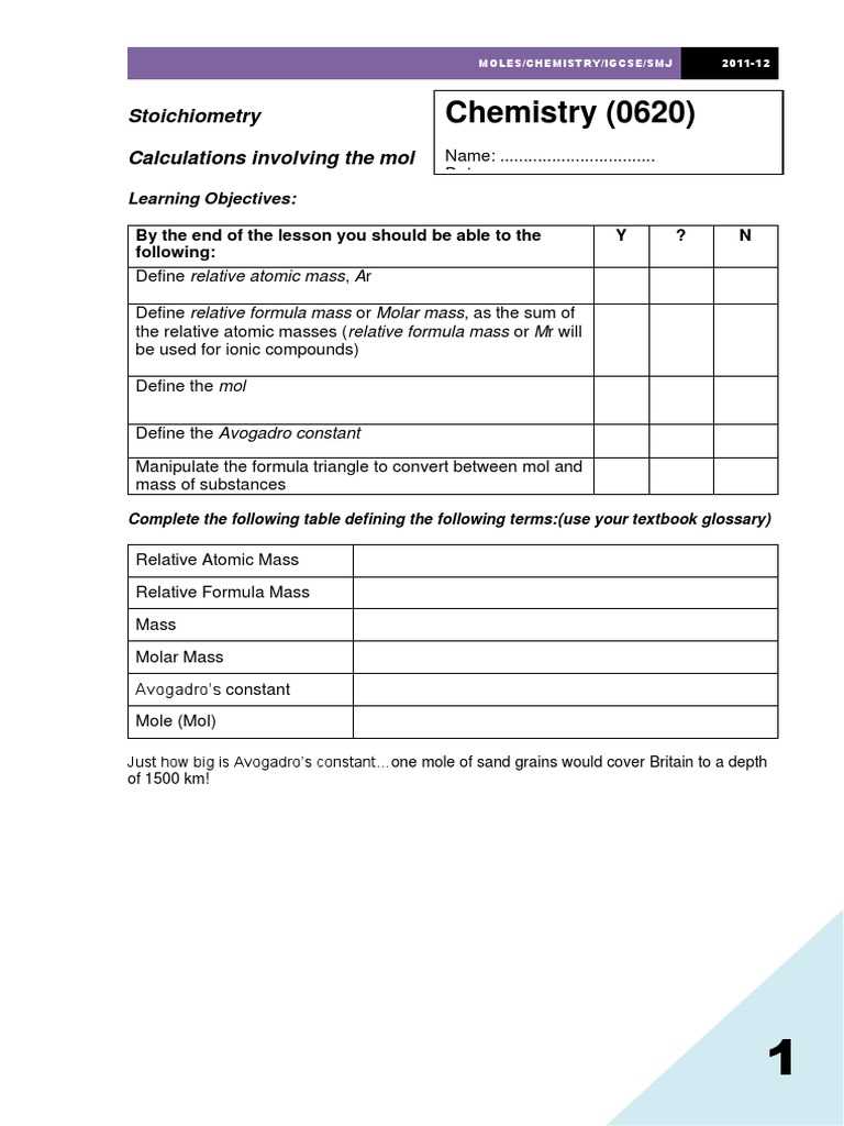 chemistry worksheet moles molar mass and avogadros number
