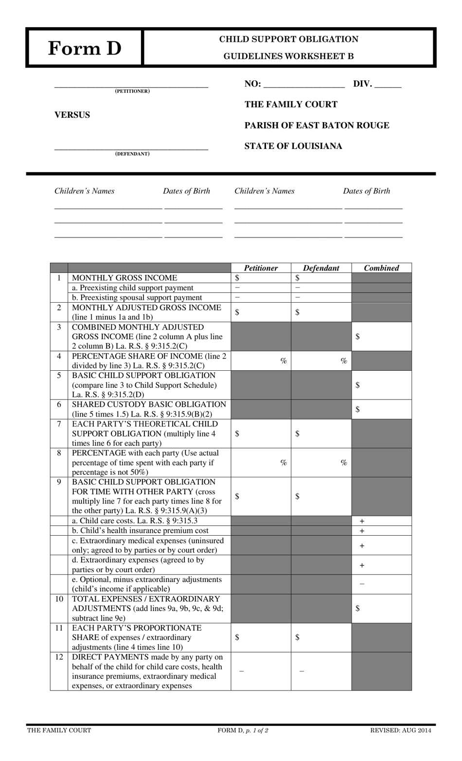child support obligation worksheet indiana