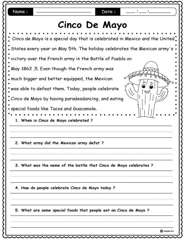 cinco de mayo reading comprehension worksheets free