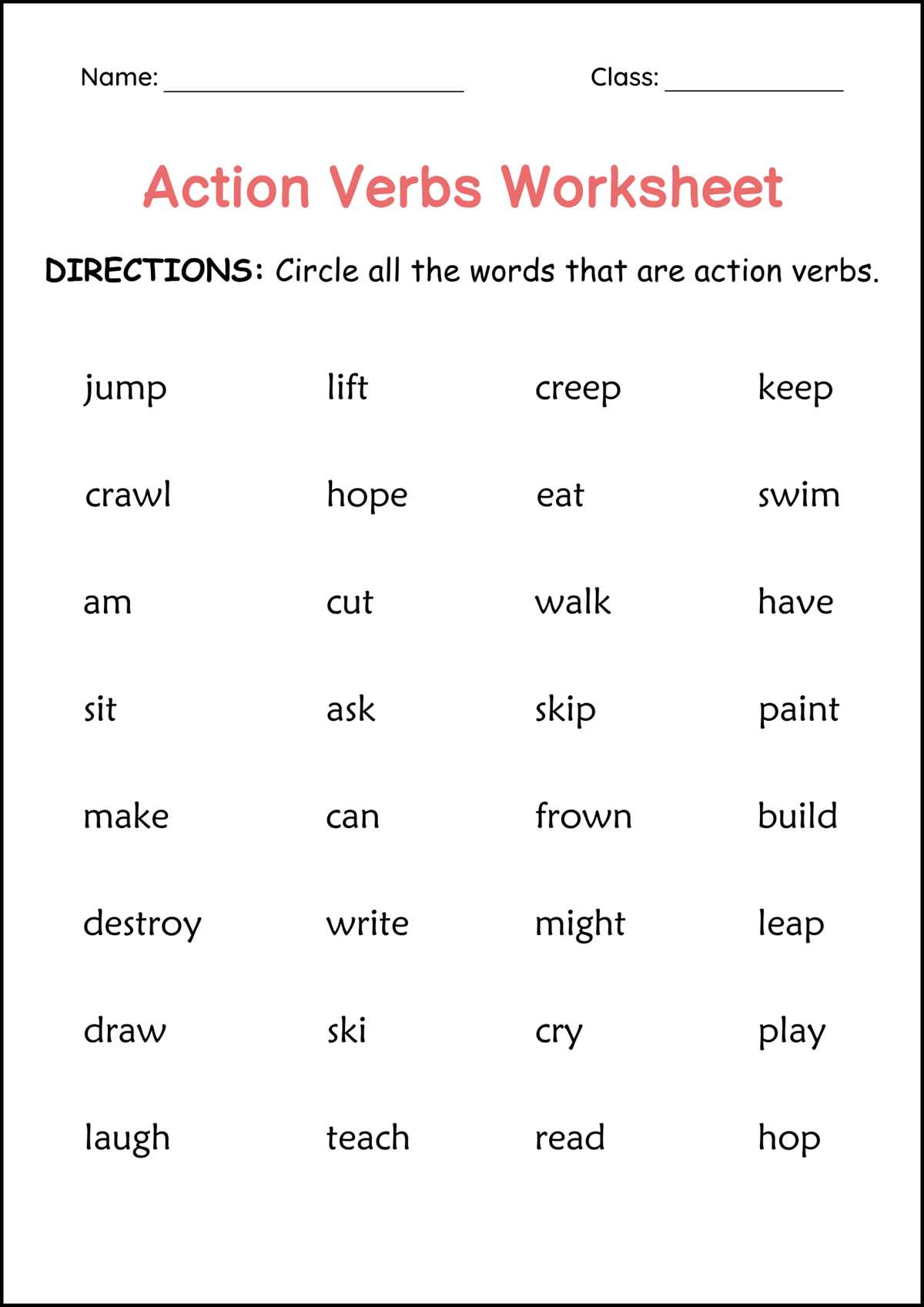 circle action words worksheet