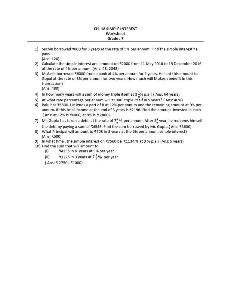 class 7 simple interest worksheet