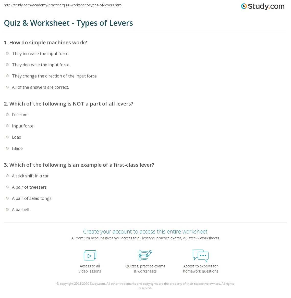 class of levers worksheet