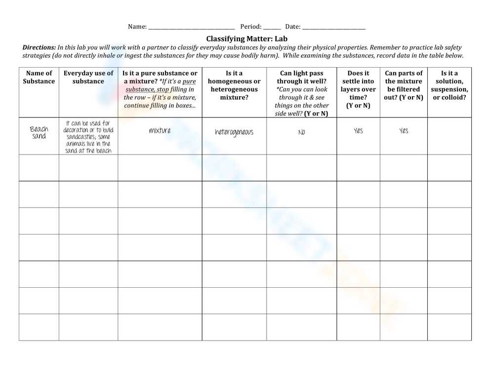 classification of matter worksheet doc