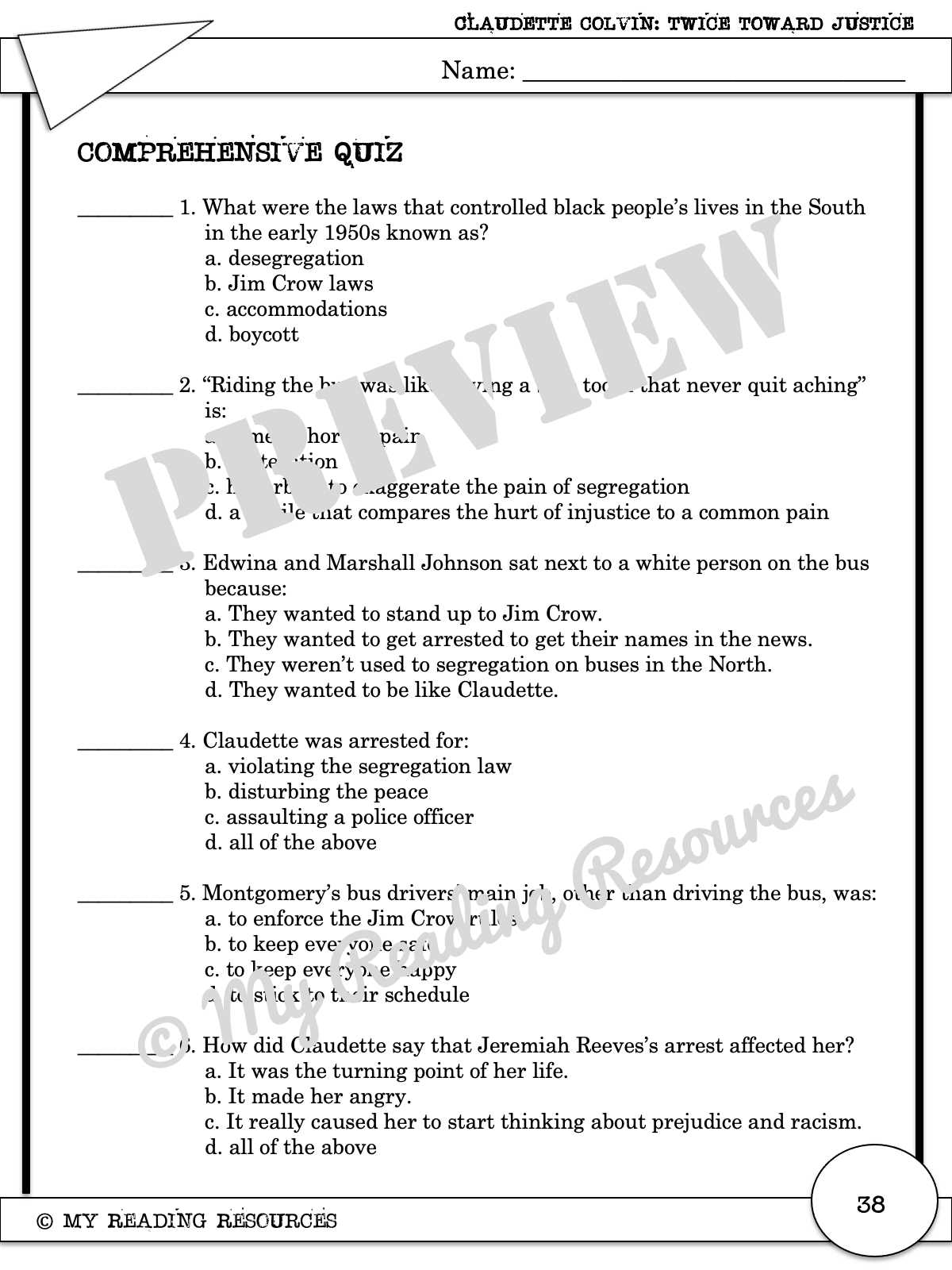 claudette colvin worksheets