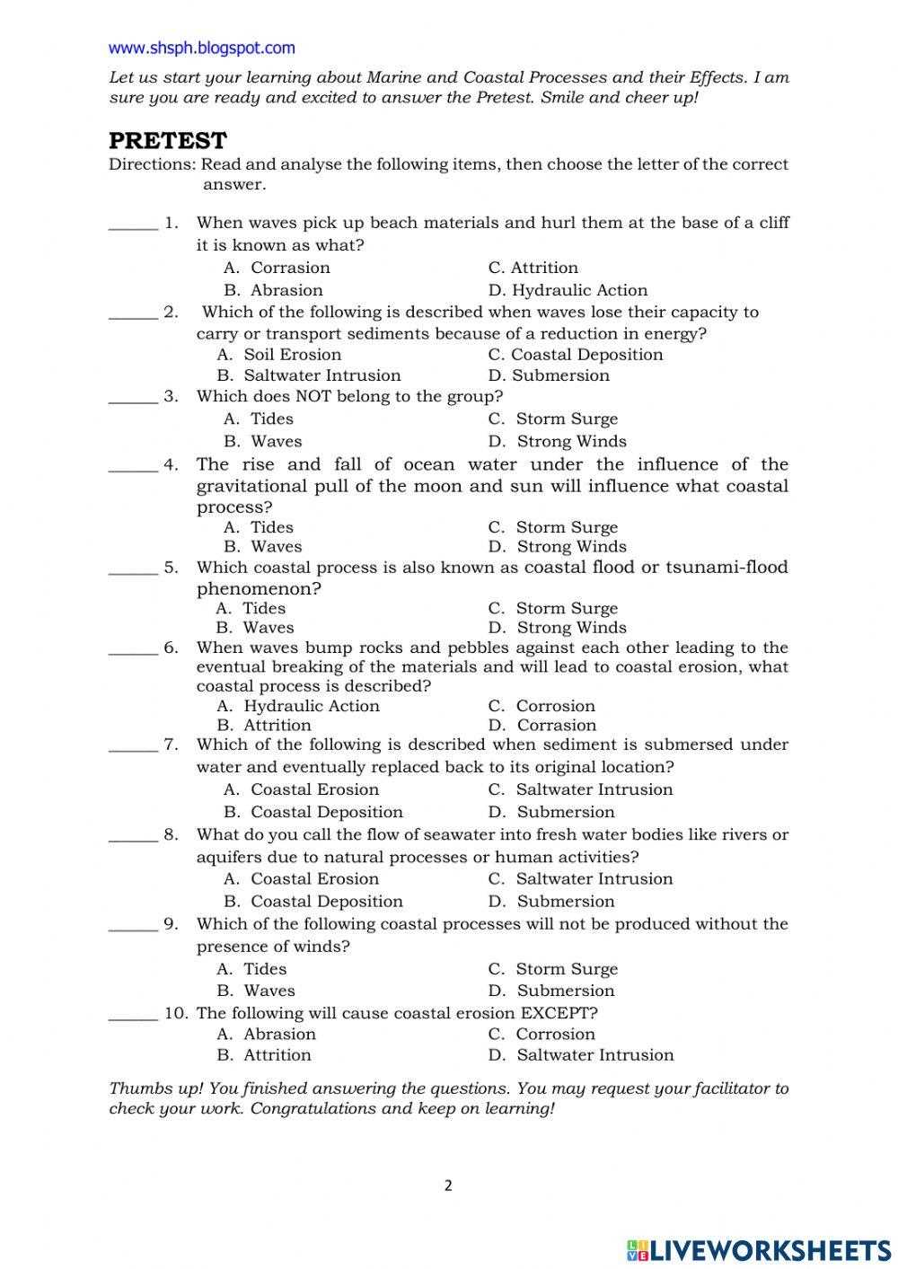 coastal processes worksheet