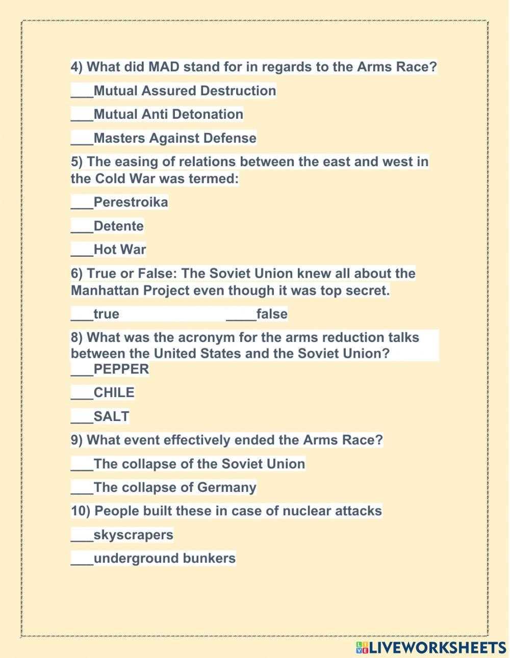cold war arms race worksheet