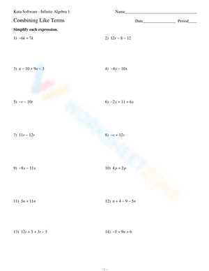 collecting like terms worksheet year 7