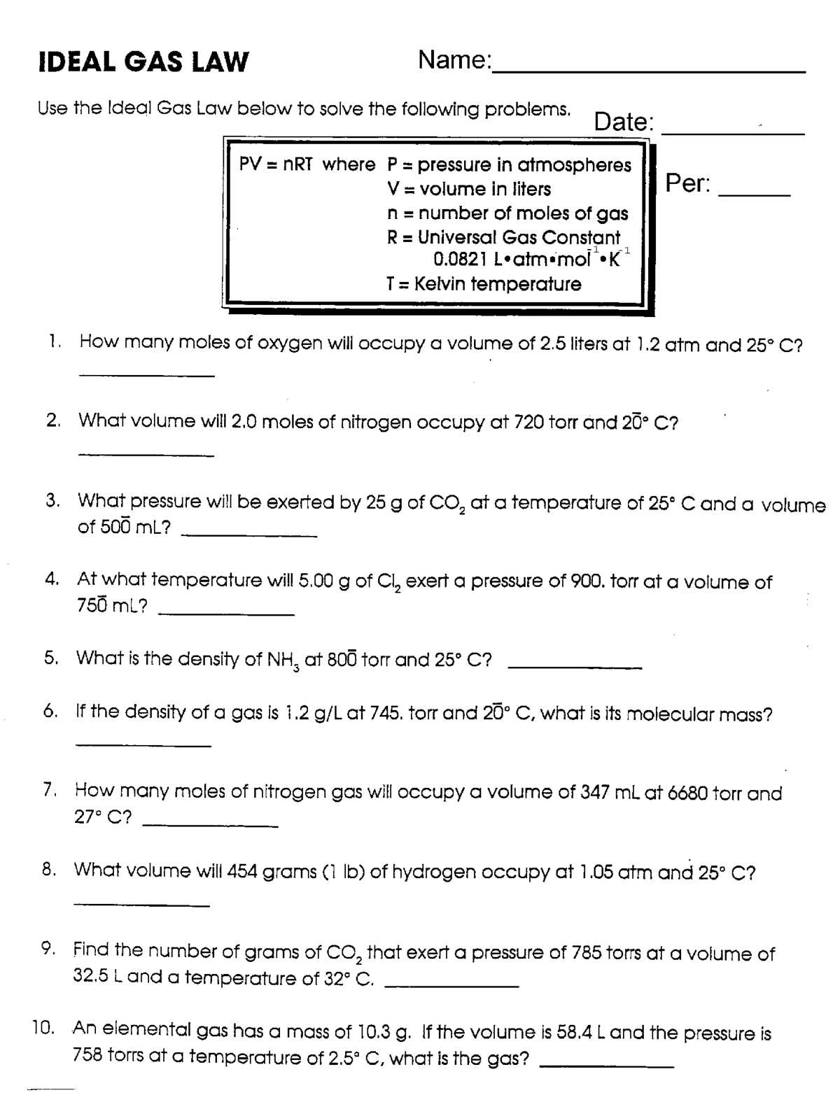 combined gas laws worksheet combined gas laws worksheet