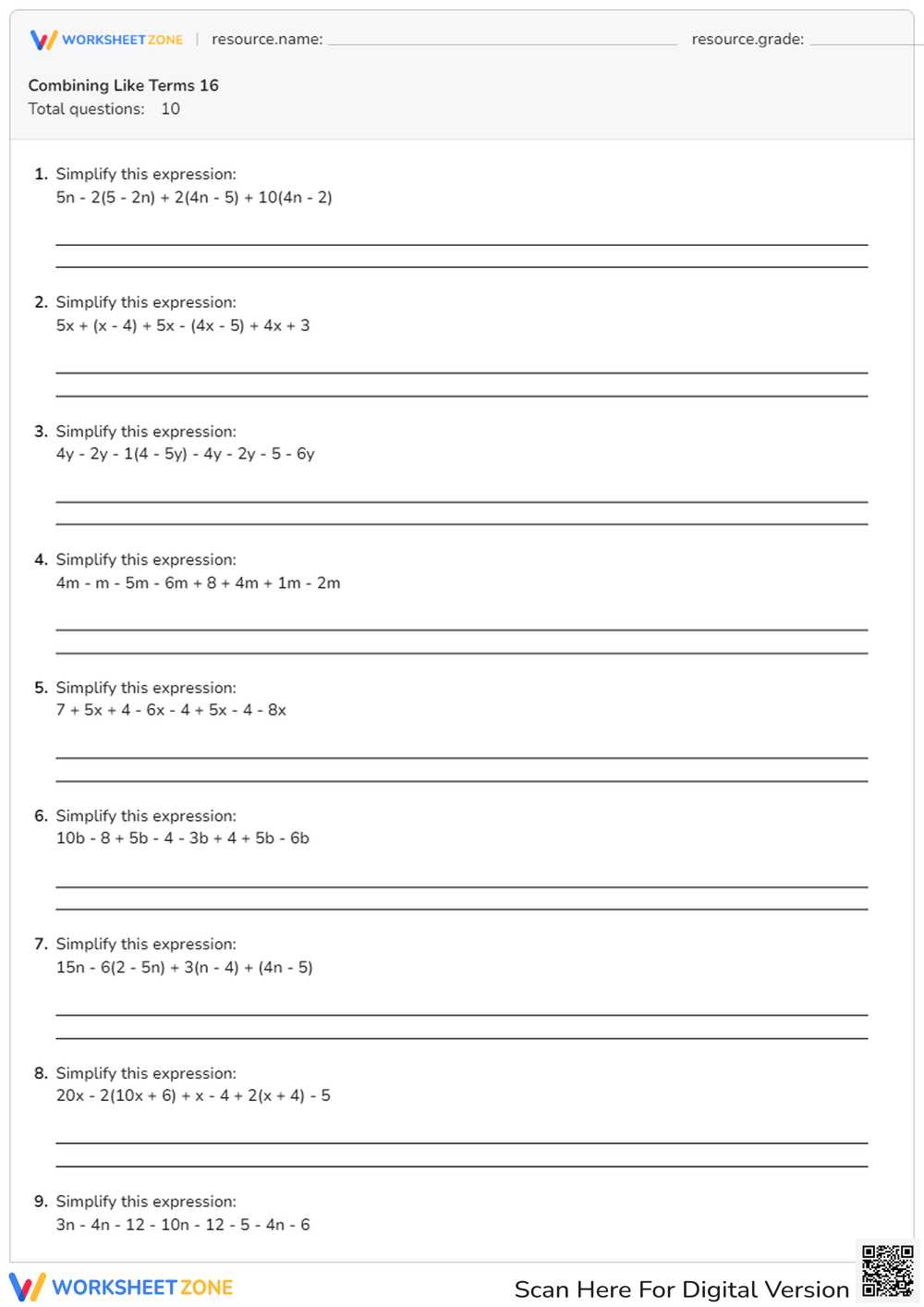 combining like terms 7th grade worksheet