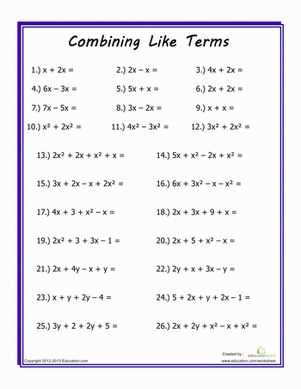 combining like terms 7th grade worksheet