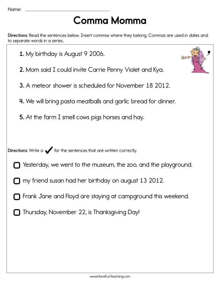 commas in a series worksheets