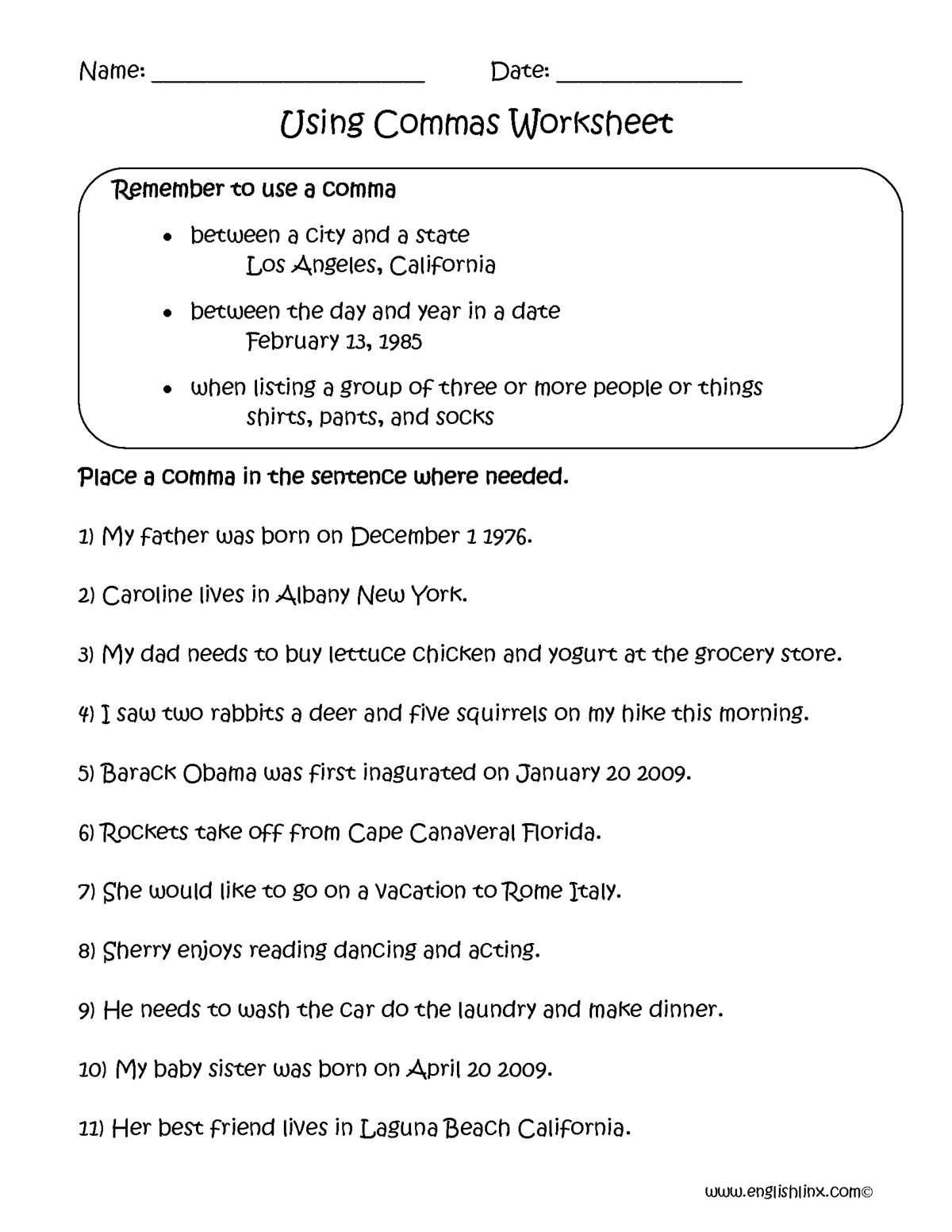 commas in addresses worksheets