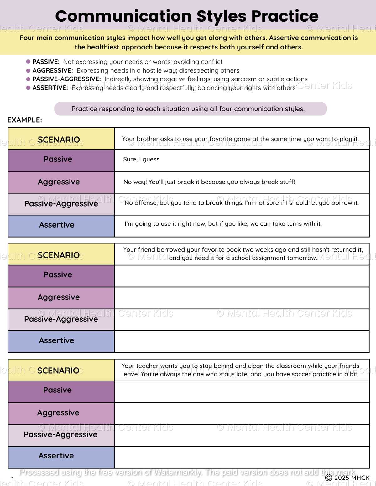 communication styles worksheets