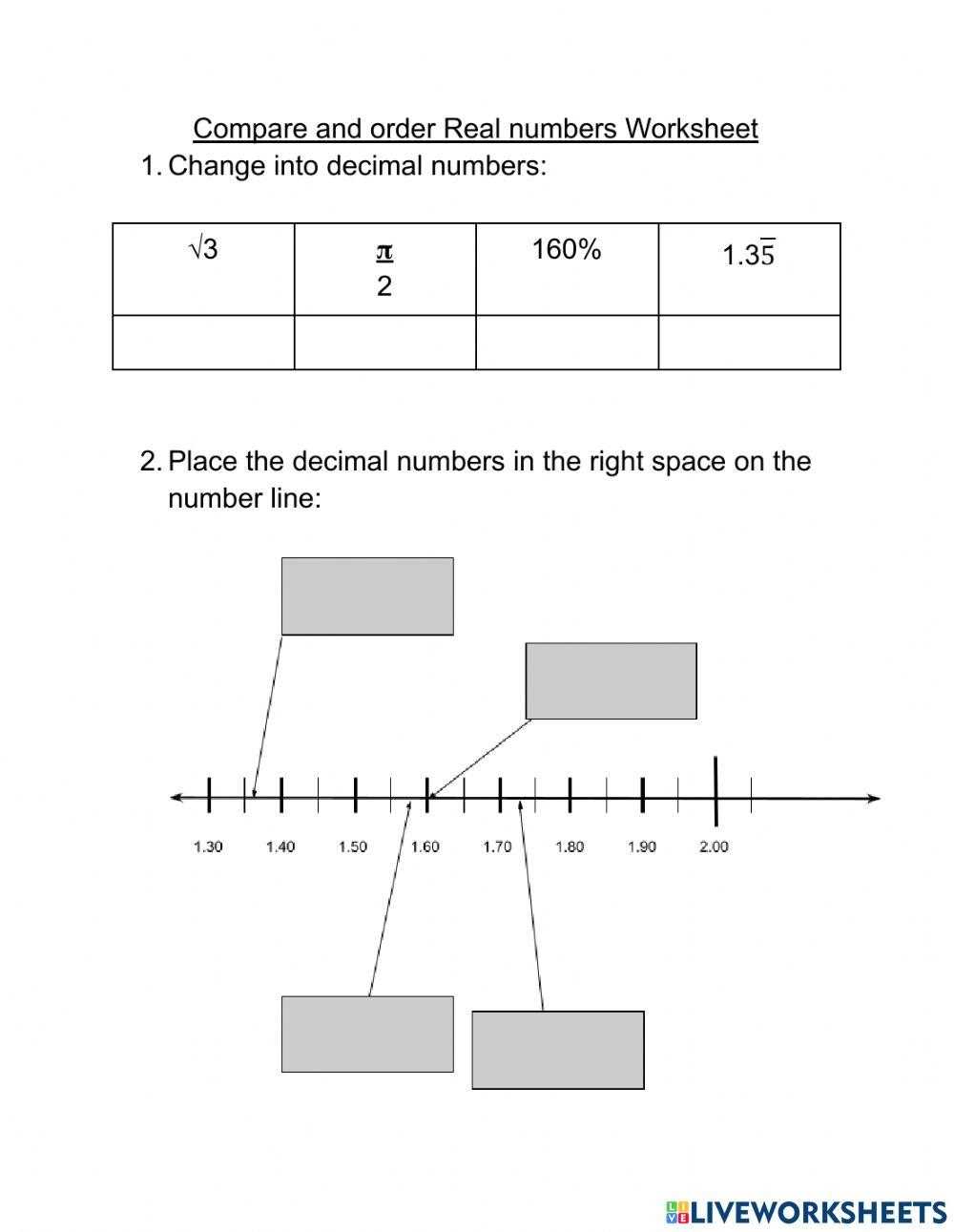 compare and order real numbers worksheet