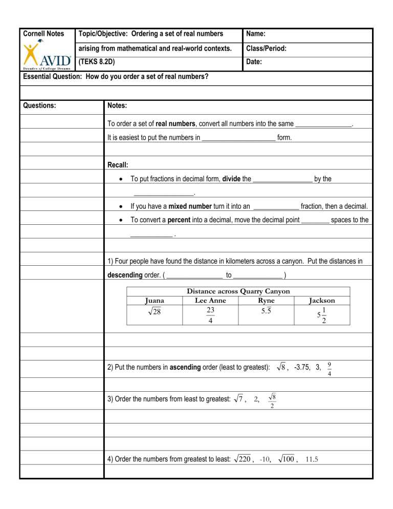 compare and order real numbers worksheet