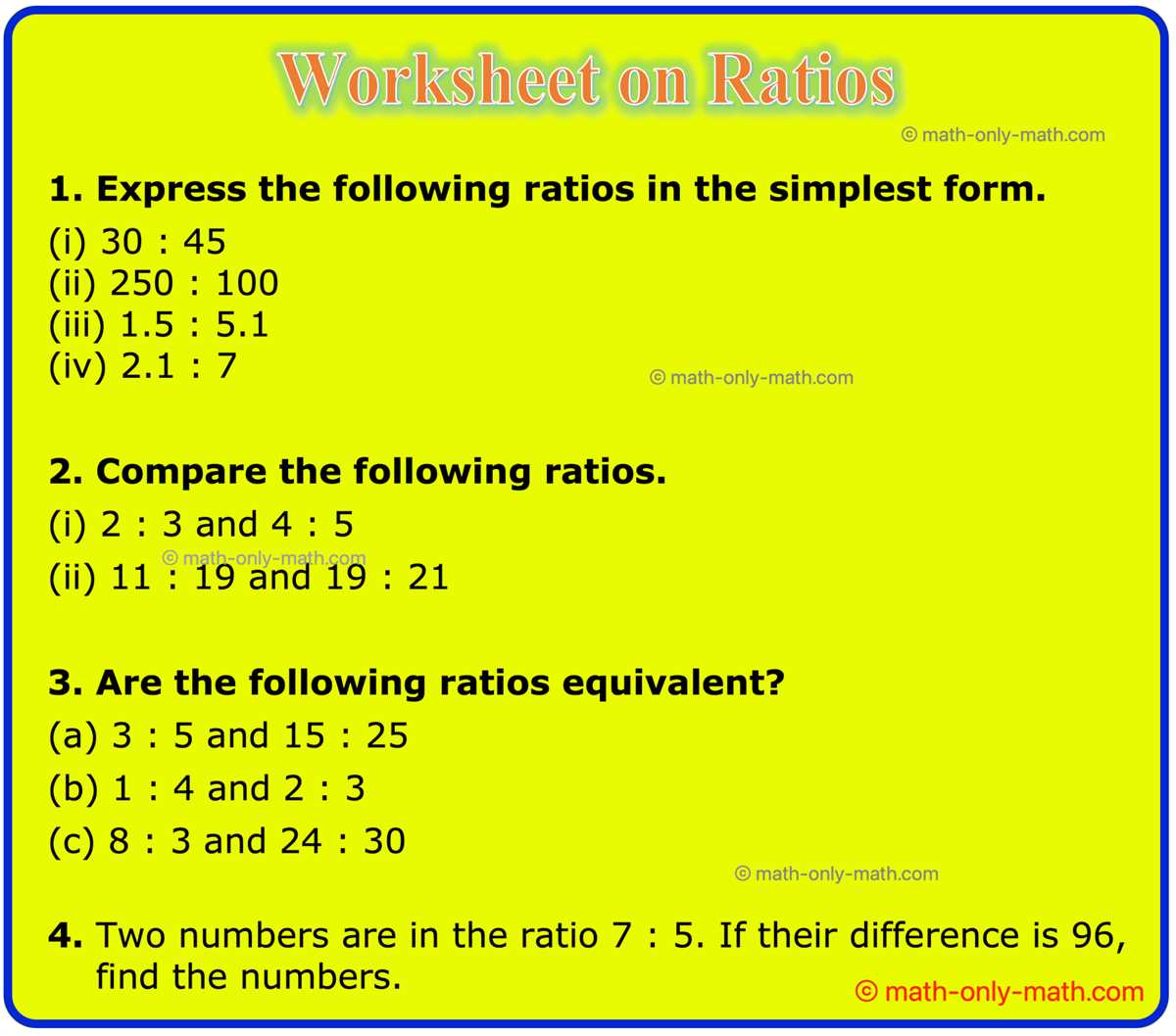 compare ratios worksheet
