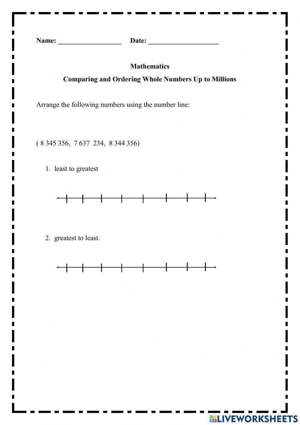 comparing numbers in the millions worksheet