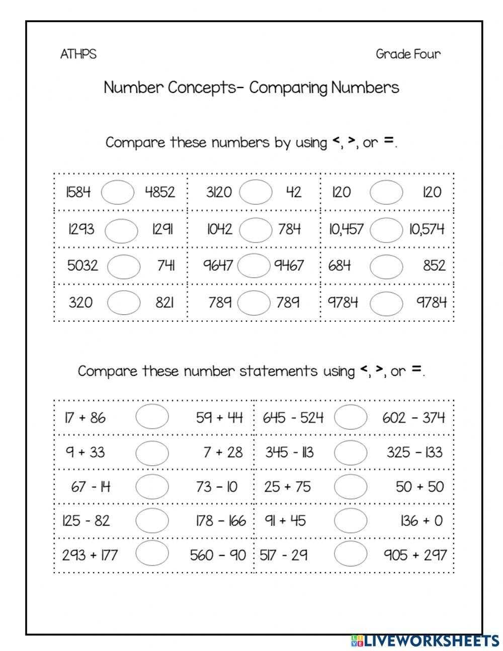 comparing numbers worksheets 4th grade