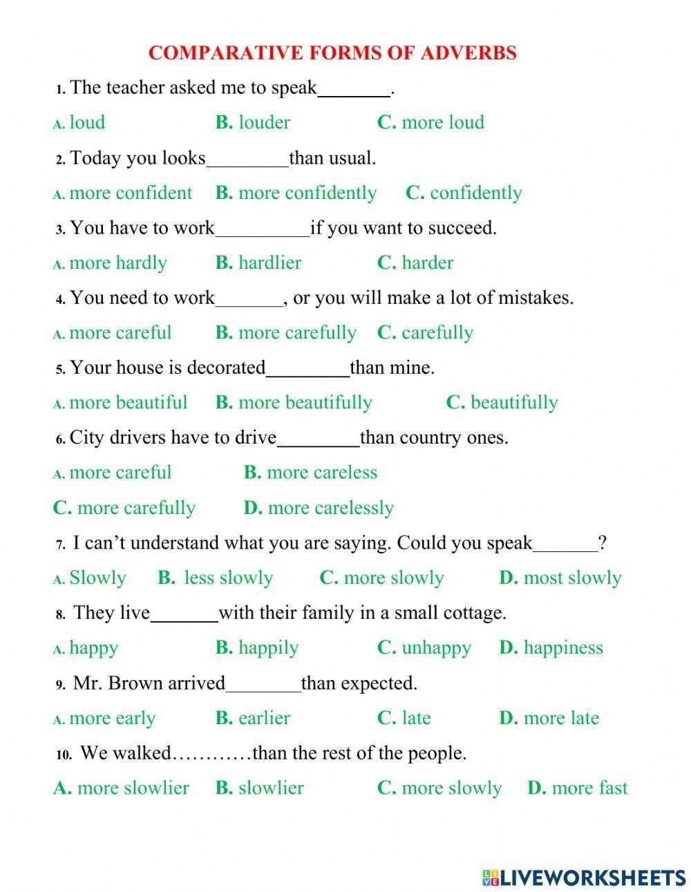 comparison of adverbs worksheet