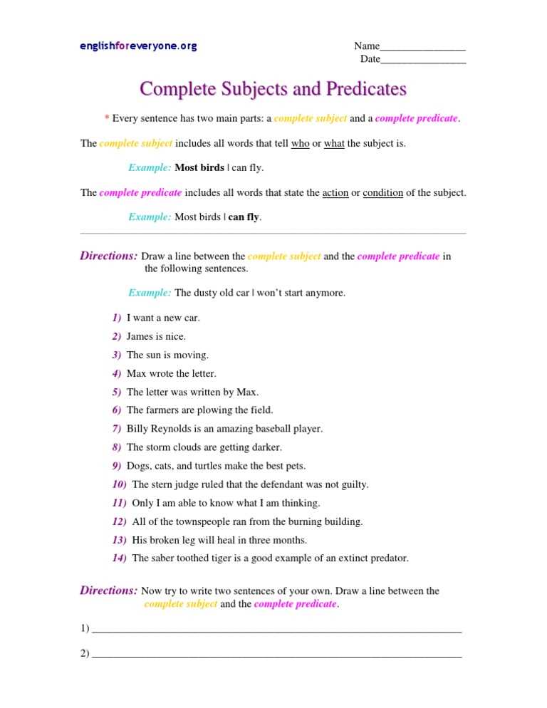 complete subject and predicate worksheet