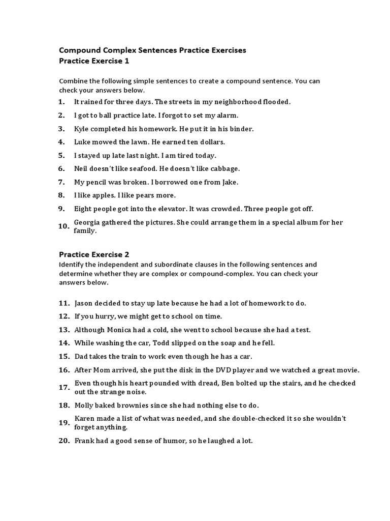 compound complex and simple sentences worksheet