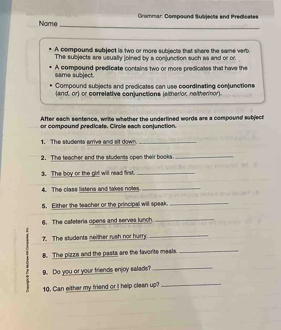 compound subject worksheets