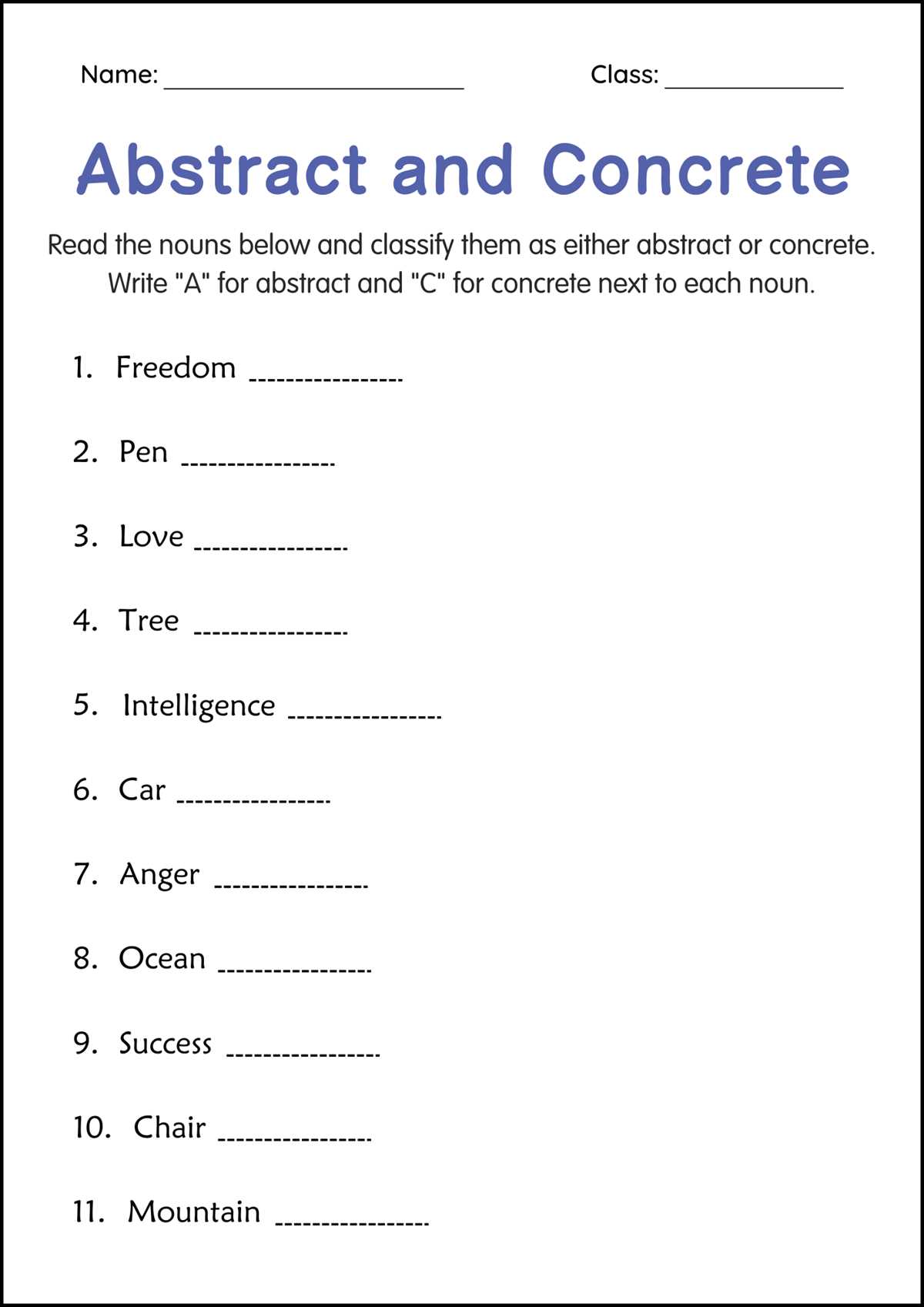 concrete abstract and collective nouns worksheet