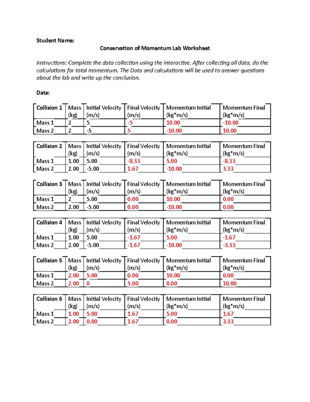 conservation of momentum worksheet