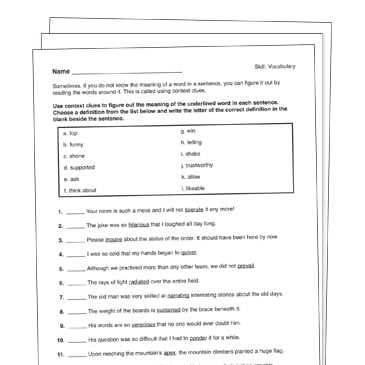 context clues worksheets grade 8